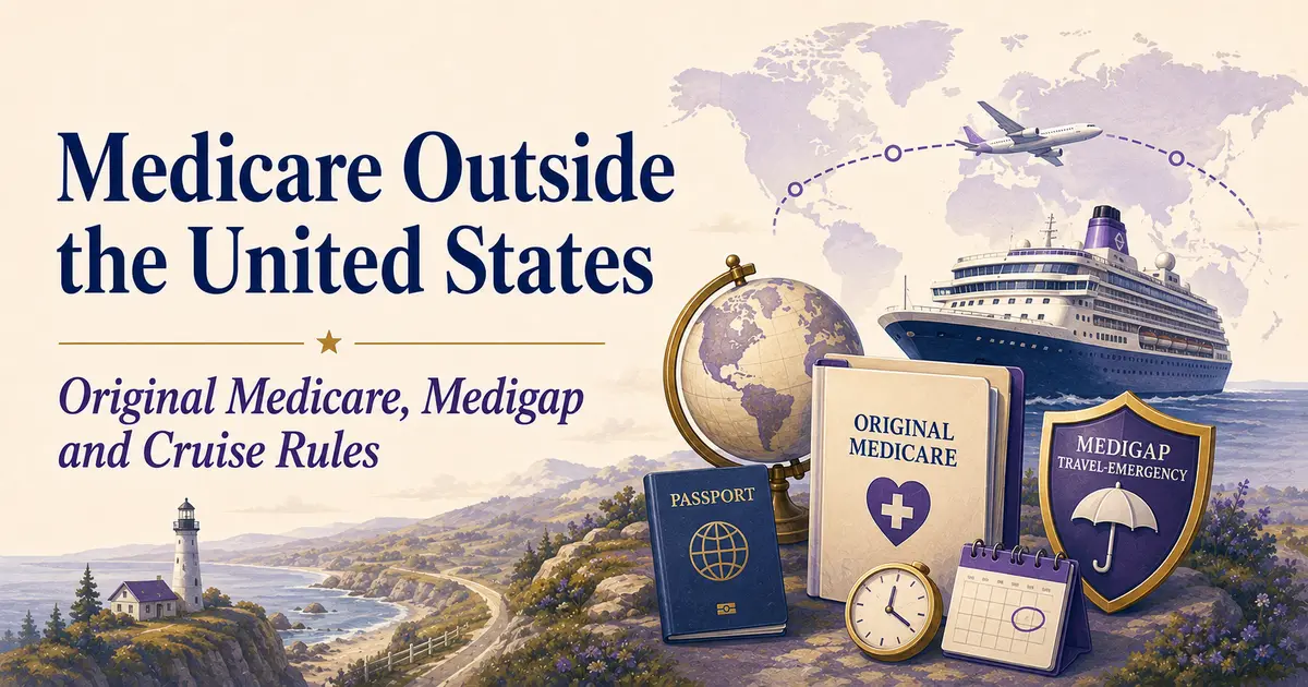 Medicare outside the United States: world map, airplane, cruise ship, passport, Original Medicare guide and Medigap travel-emergency shield.