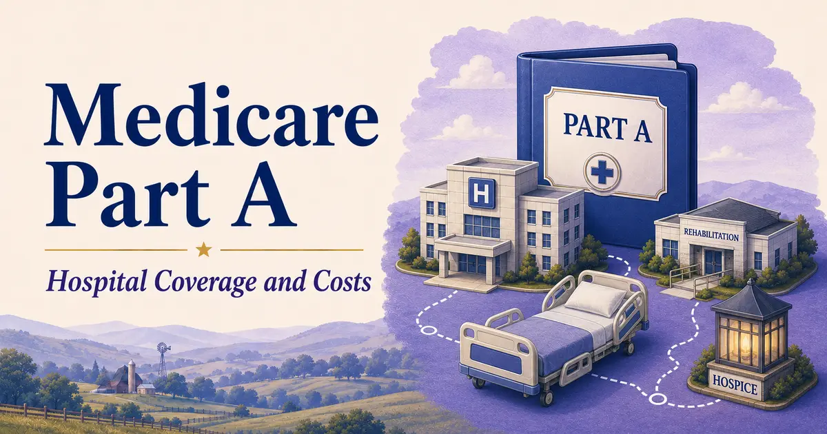 Medicare Part A folder with a hospital, inpatient bed, skilled nursing building and hospice lantern