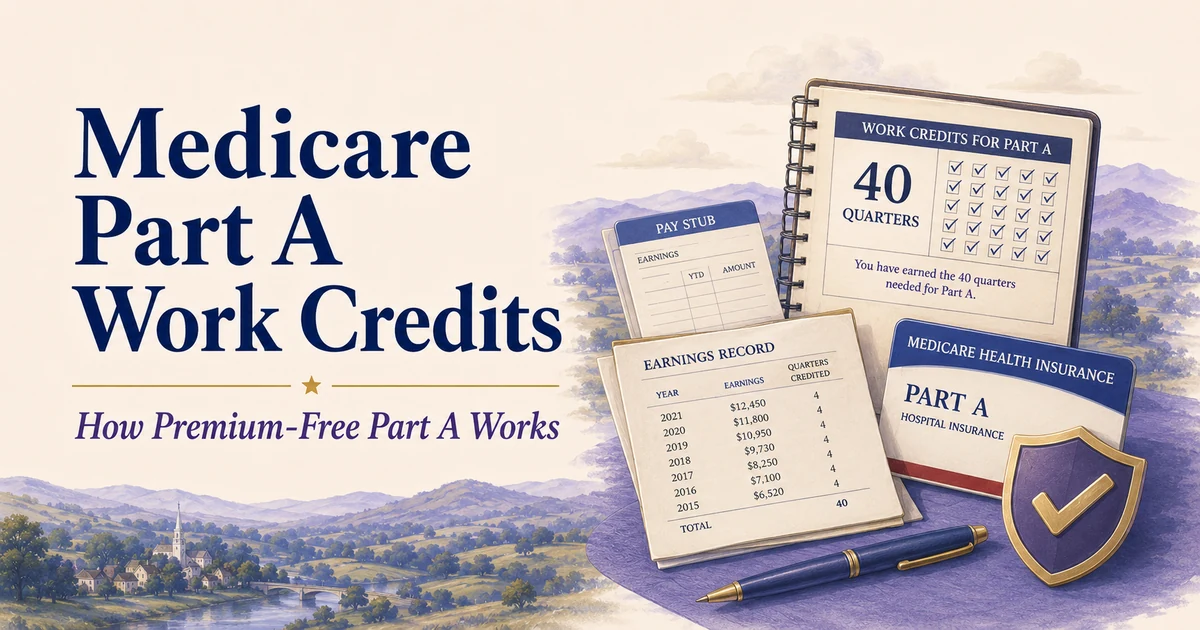Medicare Part A Work Credits guide showing a 40-quarter checklist, earnings record, Medicare card and premium-free Part A planning materials