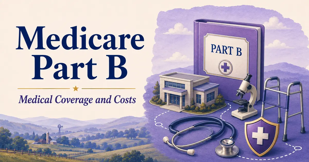 Medicare Part B folder with a clinic, stethoscope, walker and medical shield