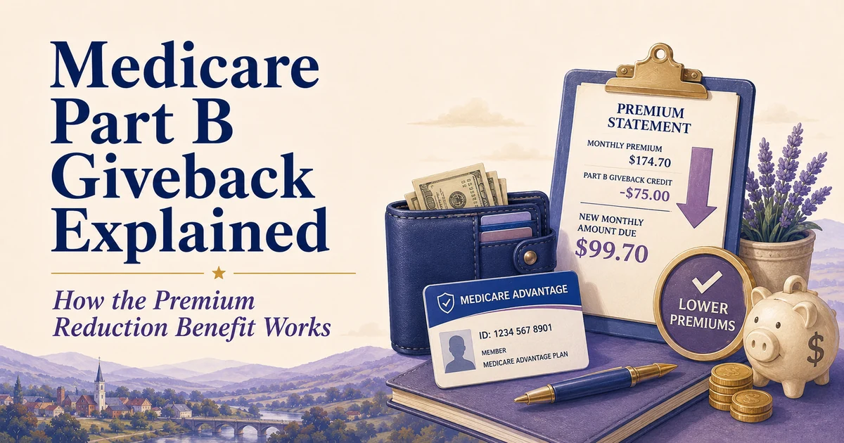 Medicare Part B Giveback guide with a Medicare Advantage card, premium statement, wallet, calculator, coins and premium-reduction symbols