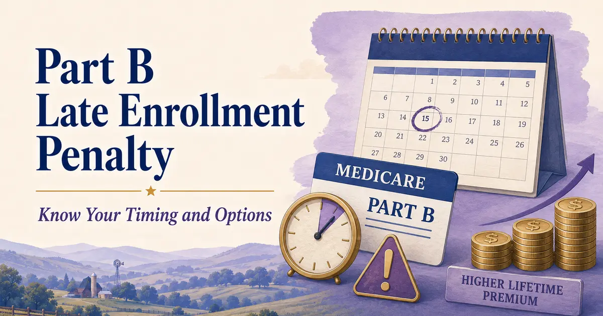 Part B Late Enrollment Penalty: a missed-enrollment calendar, Part B card, warning clock and rising lifetime premium coins.