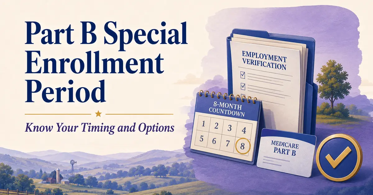 Part B Special Enrollment Period: employment-verification forms, an eight-month countdown calendar, Part B card and approval checkmark.