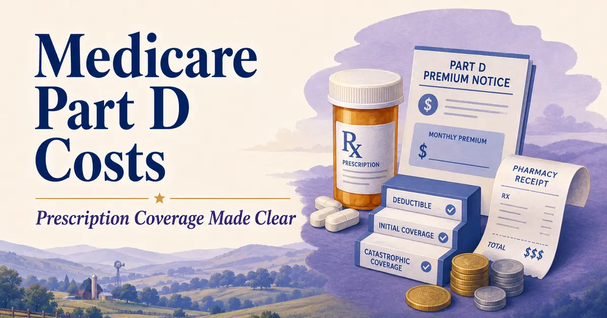 Medicare Part D Costs: a prescription bottle, premium notice, deductible steps, coins and pharmacy receipt.