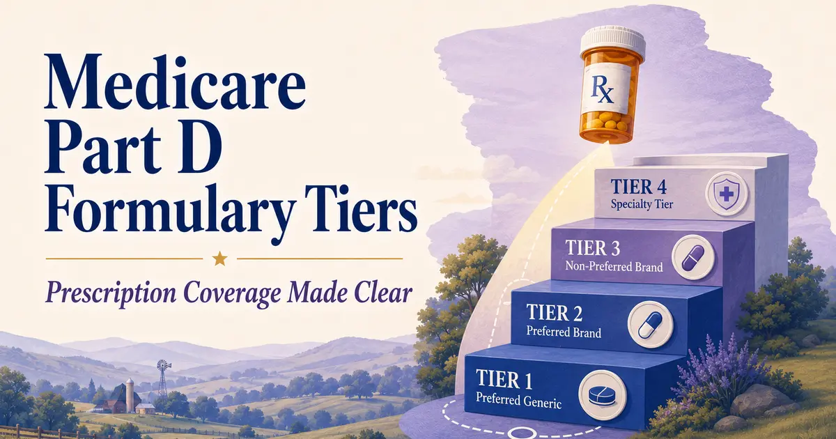 Medicare Part D Formulary Tiers: a prescription bottle moving through clearly separated formulary-tier steps.