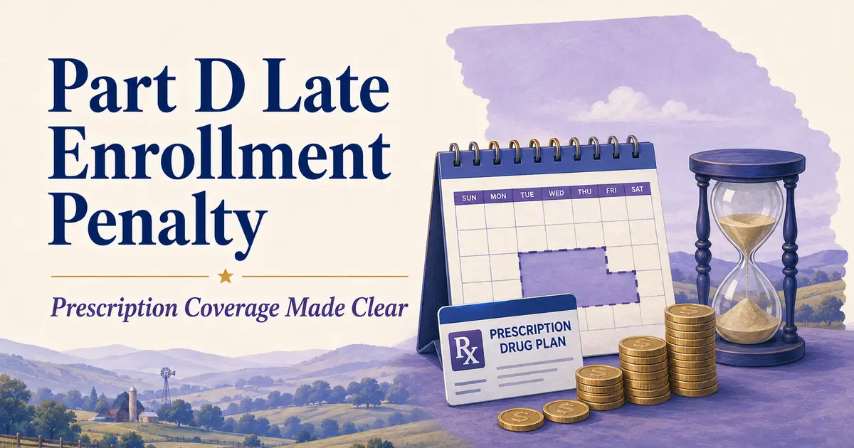 Part D Late Enrollment Penalty: a calendar gap, prescription card, hourglass and steadily accumulating penalty coins.