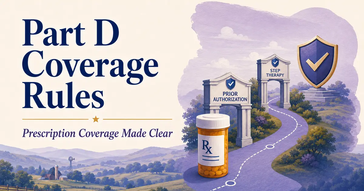 Part D Coverage Rules: a prescription bottle moving through prior-authorization and step-therapy gates toward approval.