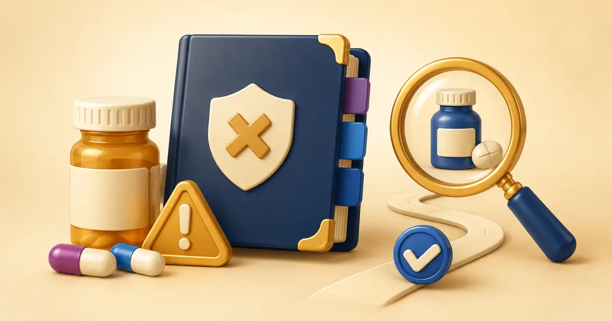 Prescription bottles, formulary book, warning symbol and magnifying glass representing a Medicare drug coverage problem