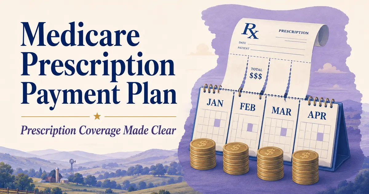 Medicare Prescription Payment Plan: a prescription receipt divided across monthly calendar pages with orderly payment coins.