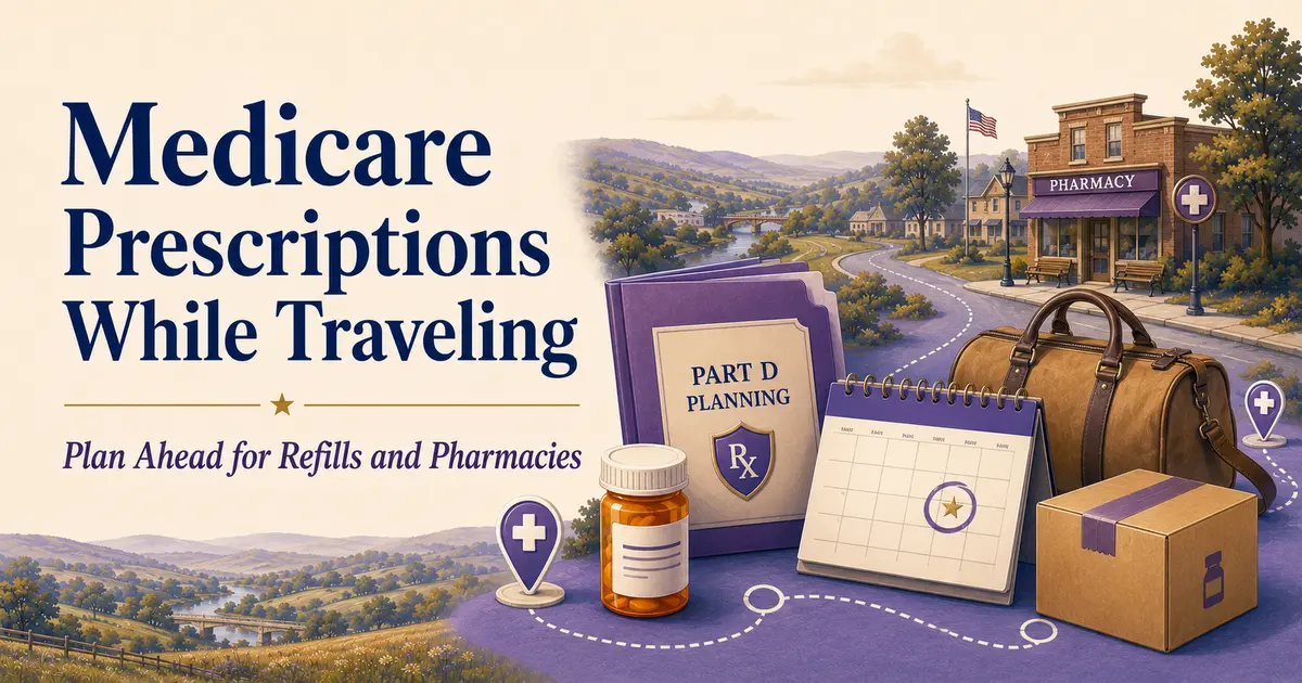 Medicare prescriptions while traveling: Part D planning folder, pharmacy, medication bottle, travel calendar, mail-order package and route.
