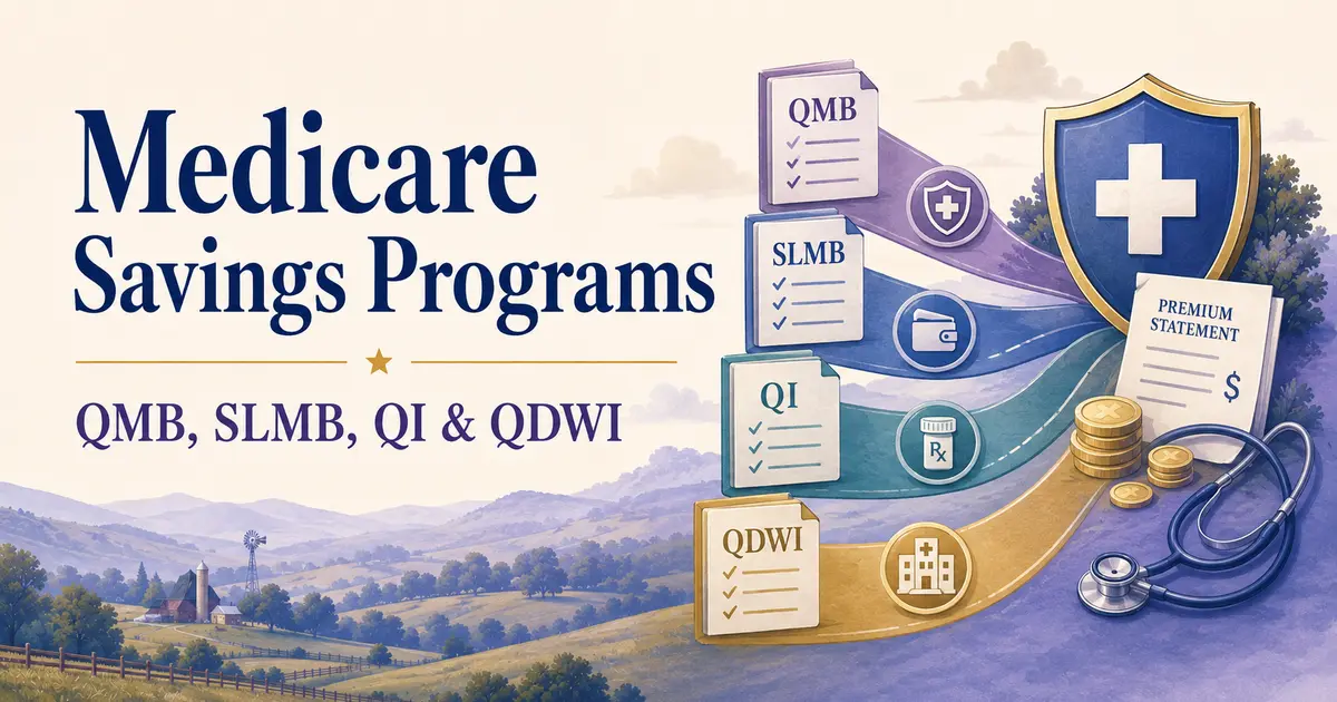 Older adult reviewing Medicare Savings Program assistance categories at a kitchen table