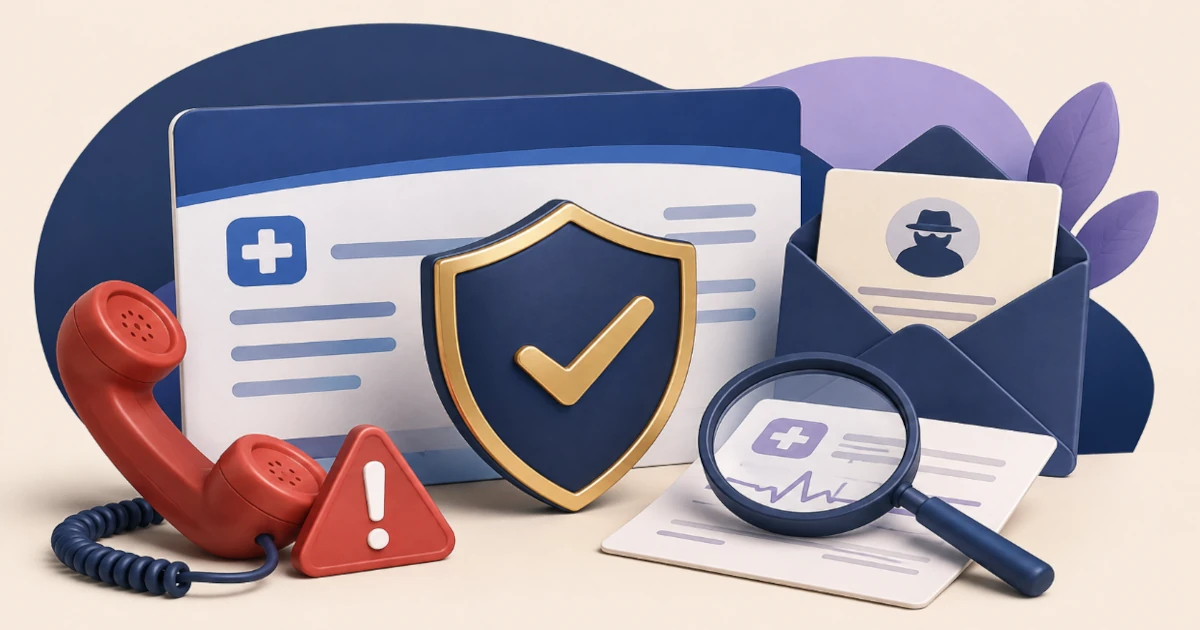 Shield protecting a Medicare-style card from suspicious calls, mail and unfamiliar medical claims