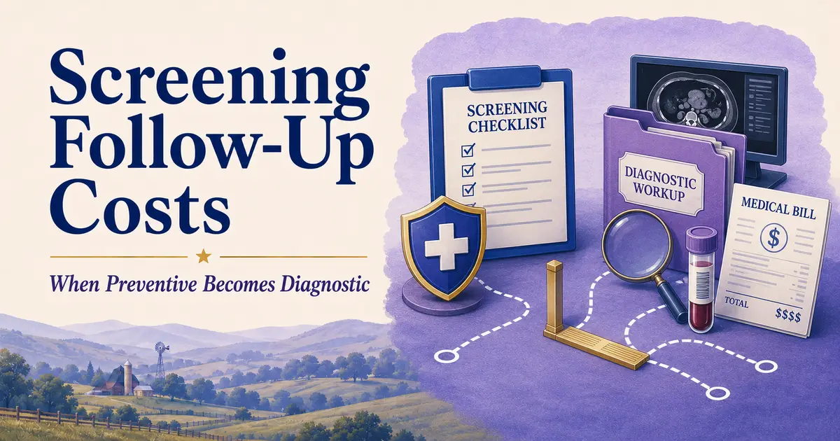 Screening checklist leading to a diagnostic follow-up folder, scan, specimen vial and medical bill