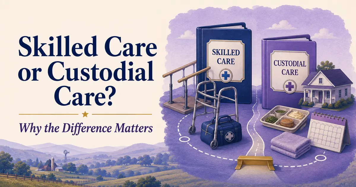 Skilled-care and custodial-care folders with a walker, nursing bag, home, meals and calendar