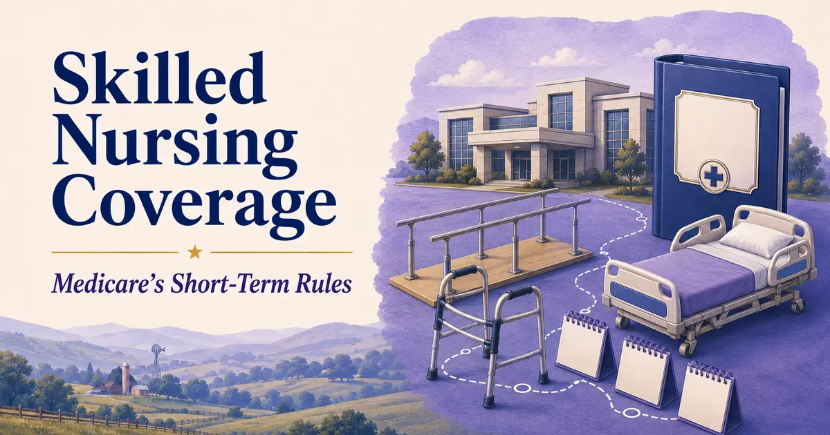 Skilled nursing facility with a Medicare folder, hospital bed, walker and therapy steps
