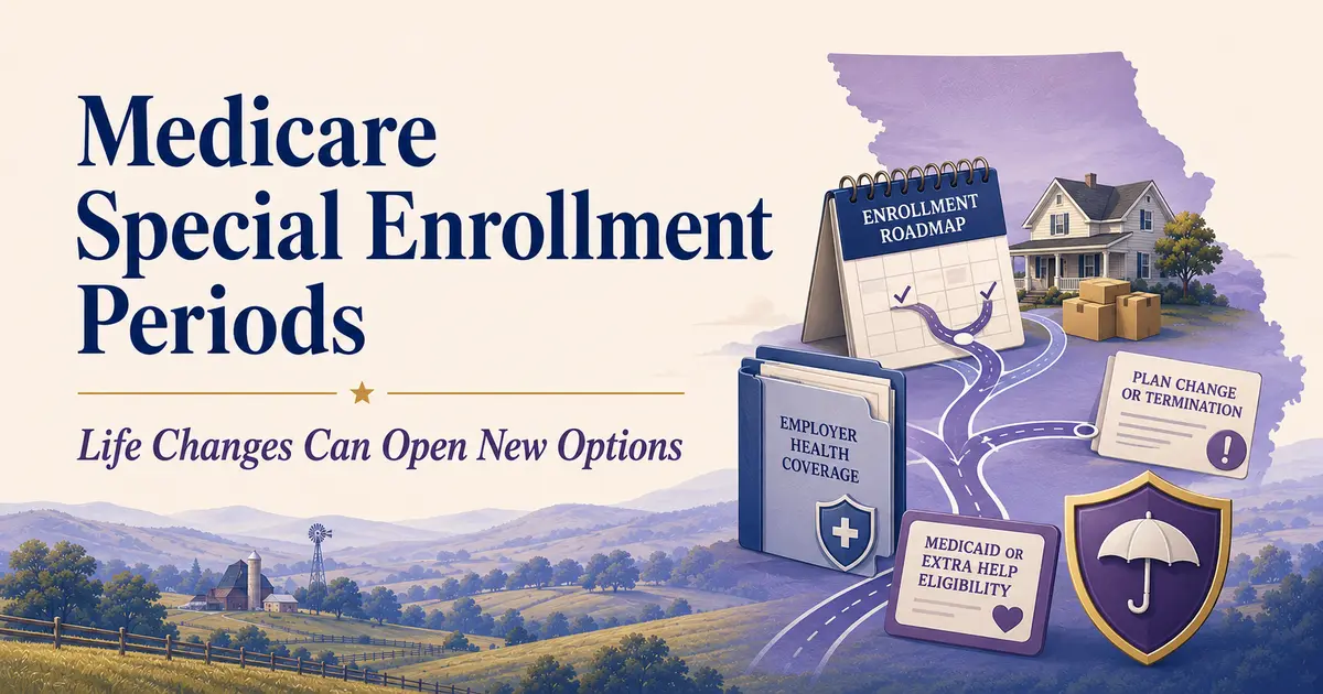 Medicare Special Enrollment Periods: branching enrollment roadmap with moving, employer coverage, plan change and Medicaid life-event symbols.