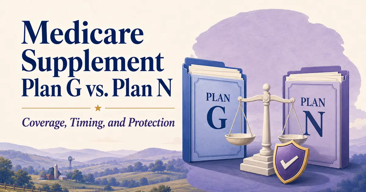 Medicare Supplement Plan G vs. Plan N: Plan G and Plan N policy folders beside a comparison scale and protection shield.