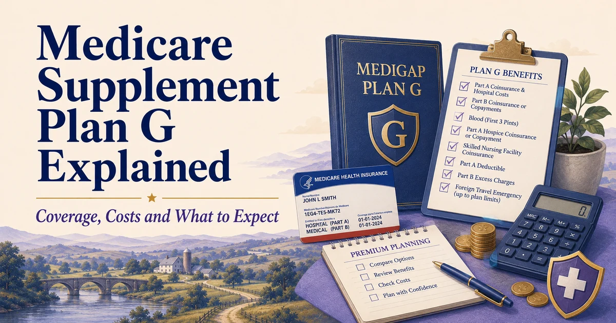 Medicare Supplement Plan G Explained: Plan G policy folder, Medicare card, benefits checklist, premium-planning worksheet, calculator and protection shield.
