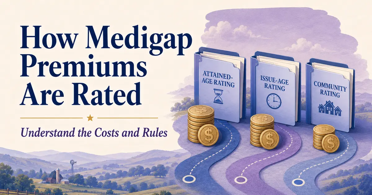 How Medigap Premiums Are Rated: three premium pathways with coins and policy folders for attained-age, issue-age and community rating.