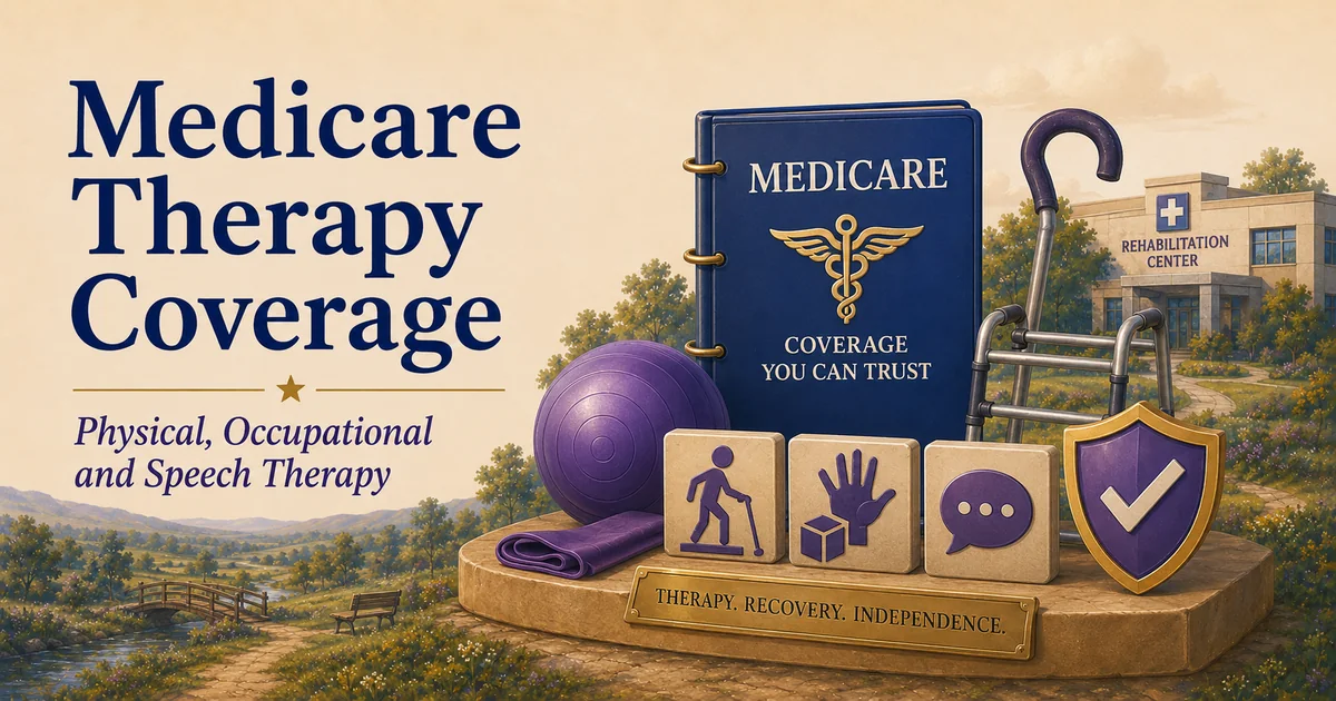 Medicare therapy coverage guide showing physical, occupational and speech therapy symbols in a MERP-style rehabilitation landscape.