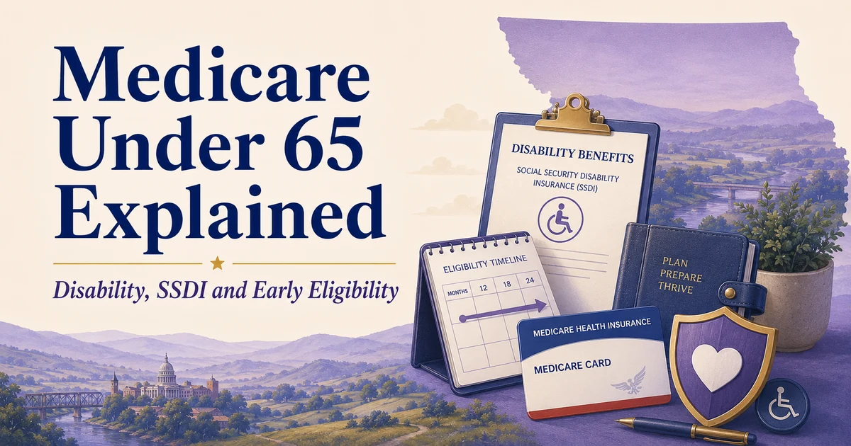 Medicare Under 65 Explained with disability-benefit paperwork, a Medicare card, eligibility timeline and accessibility symbols.