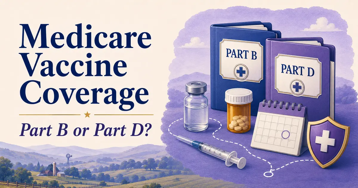 Part B and Part D vaccine folders with a vial, medicine bottle, calendar and coverage shield