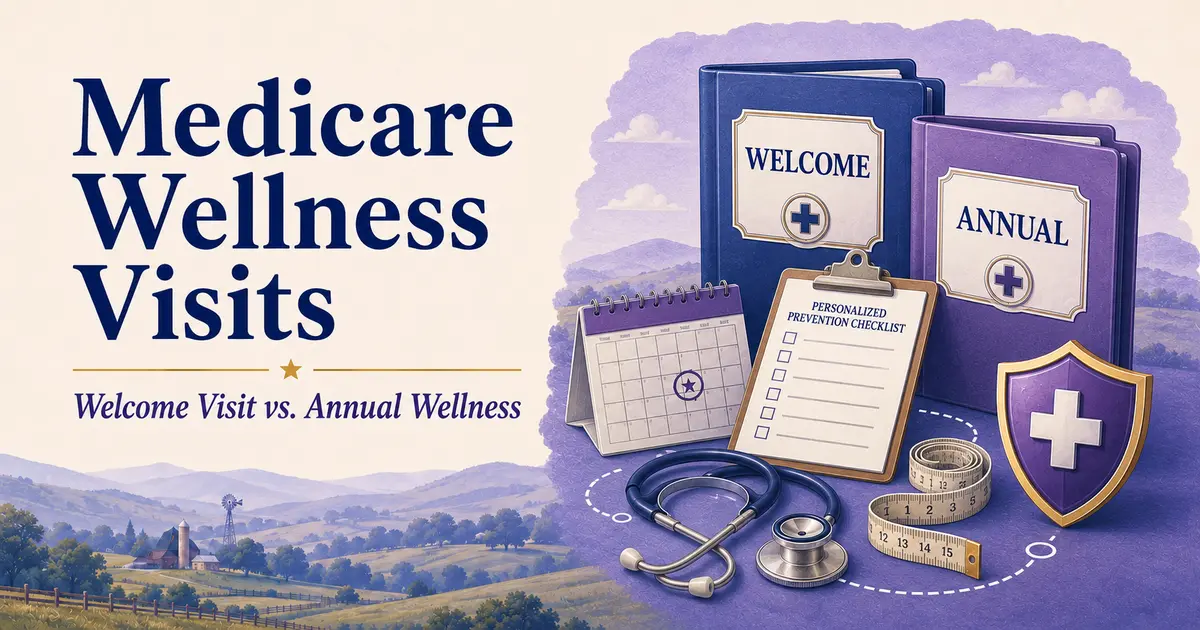 Welcome and annual Medicare folders with a prevention checklist, calendar, stethoscope and measuring tape