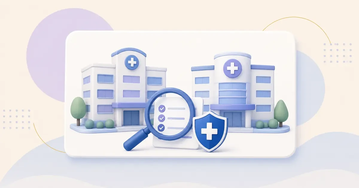 Two Springfield healthcare systems with a Medicare provider network checklist and magnifying glass