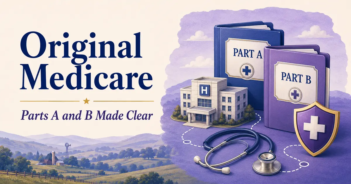 Original Medicare Parts A and B folders beside a hospital, clinic, stethoscope and coverage shield