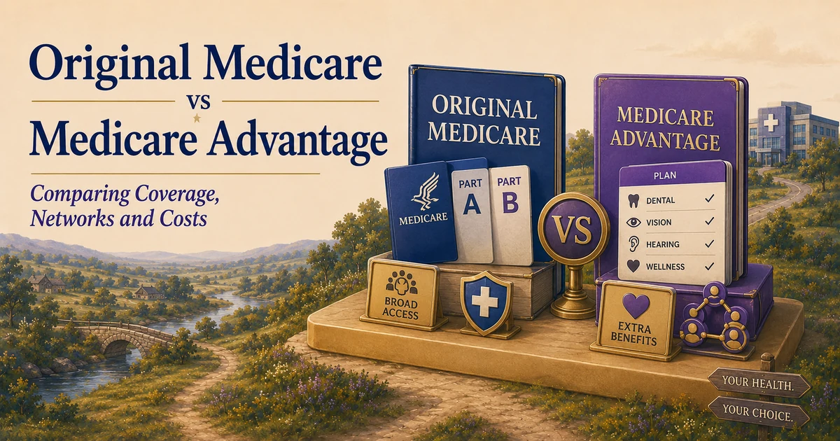 Original Medicare vs. Medicare Advantage comparison guide with Part A and Part B materials, Medicare Advantage plan materials, broad-access and extra-benefit symbols in an Ozarks landscape.