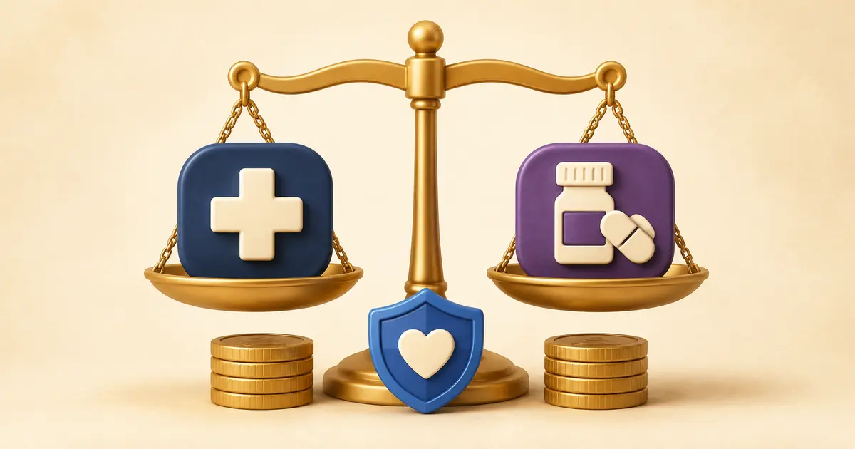 Balanced medical and prescription symbols with separate coin stacks and a healthcare shield comparing Part B and Part D IRMAA