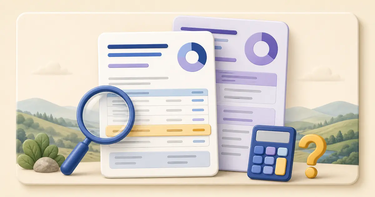 Medicare claim statements, magnifying glass and calculator representing review of an MSN or EOB