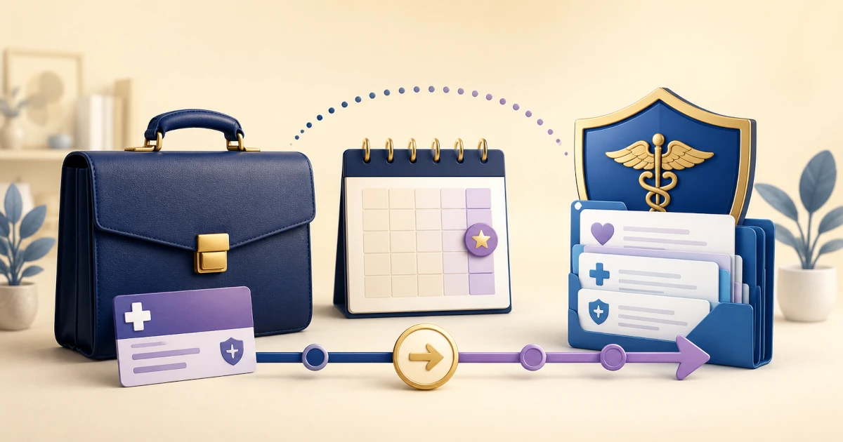 Briefcase, calendar, healthcare shield and coverage documents representing the transition from employer insurance to Medicare after retirement