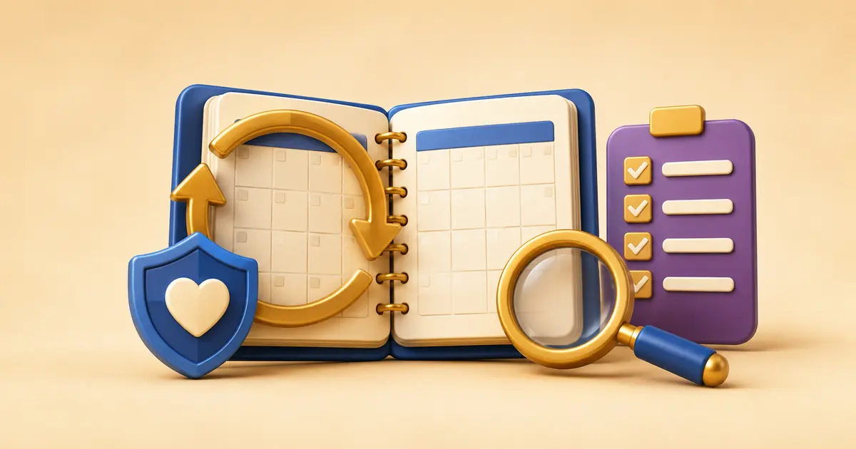 Annual planner, review arrows, checklist and healthcare shield representing a yearly Medicare plan review