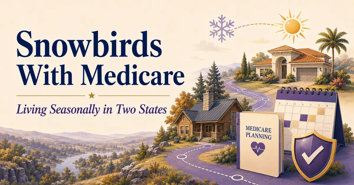 Snowbirds with Medicare: two seasonal homes connected by a travel route, calendar, Medicare planning guide and coverage shield.