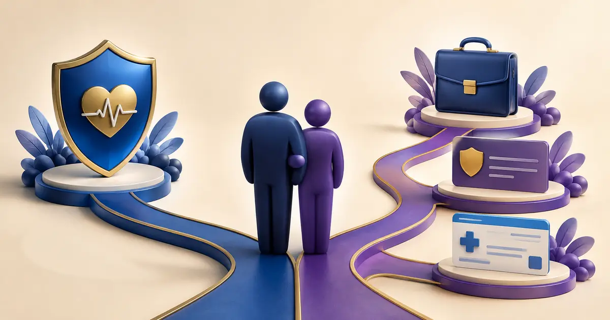 Couple standing where Medicare and other health coverage paths separate after retirement