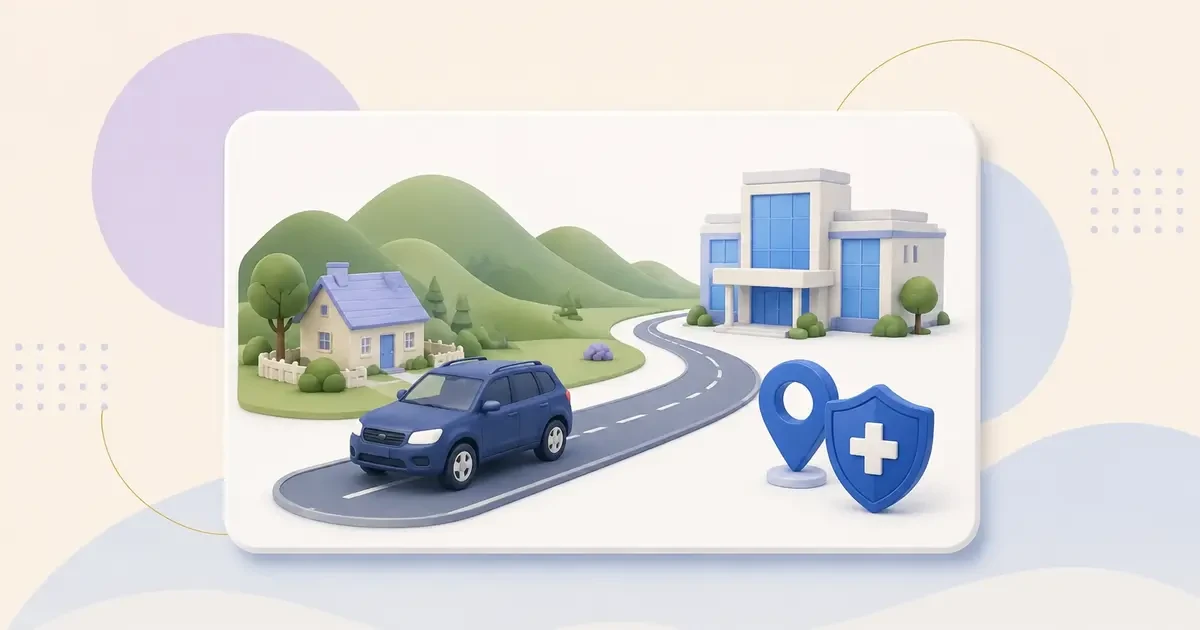 Rural Missouri road leading from an Ozarks home to Springfield specialist medical care