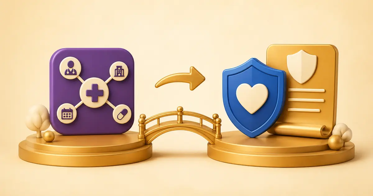 Bridge connecting a Medicare Advantage network symbol with Original Medicare and supplemental coverage symbols