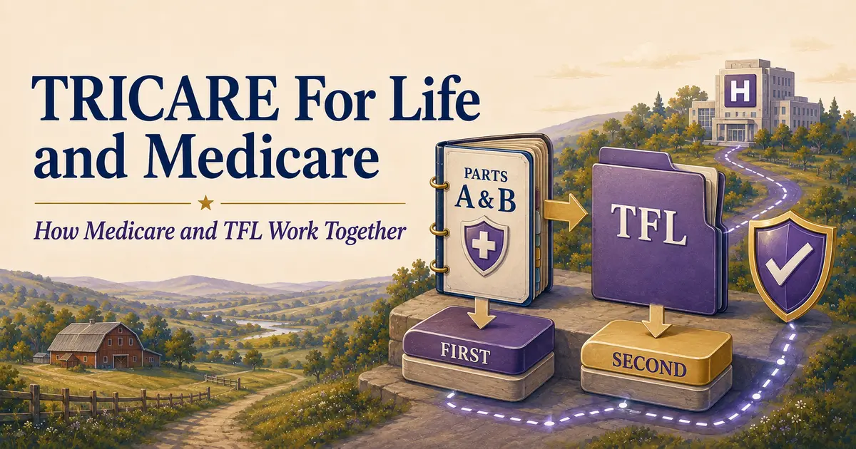 TRICARE For Life and Medicare guide showing Medicare first and TRICARE For Life second for covered civilian care.