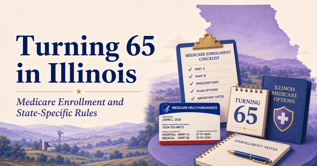 Turning 65 in Illinois Medicare guide with an enrollment checklist, Medicare card, turning-65 calendar, Illinois Medicare options booklet and enrollment notes.