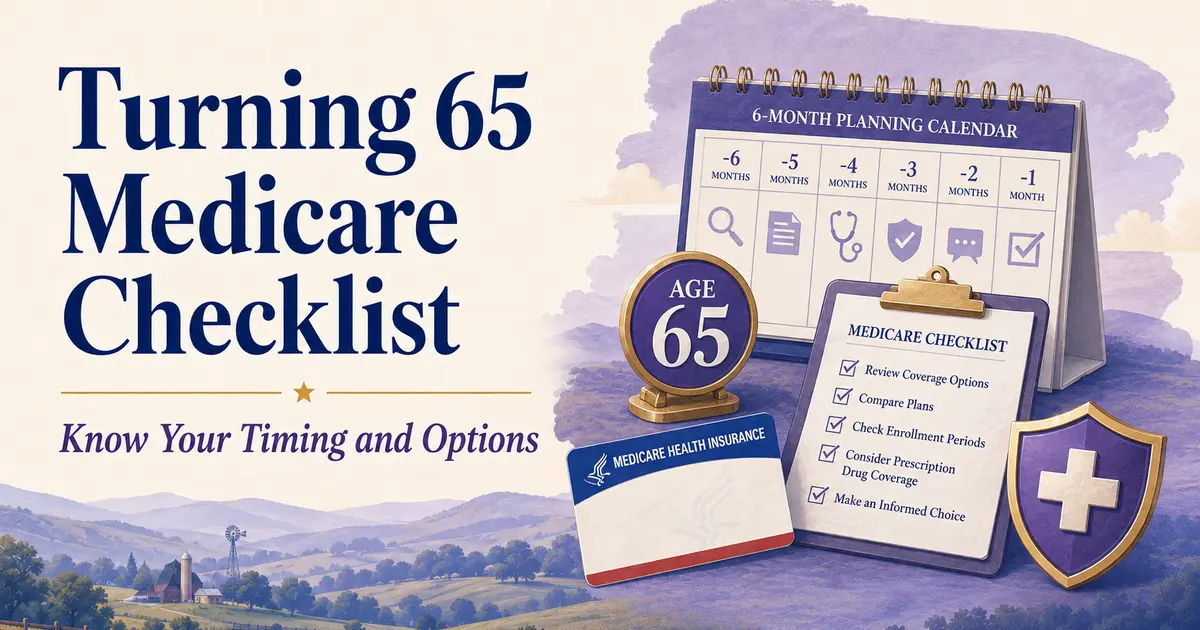 Turning 65 Medicare Checklist: a six-month planning calendar, age-65 marker, checklist, Medicare card and shield.