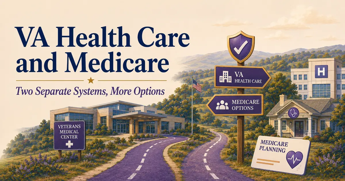 VA Health Care and Medicare guide showing separate VA and civilian Medicare care paths.