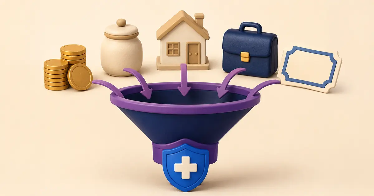 Coins, retirement savings, a home, work income and a bond flowing through a funnel toward a healthcare shield