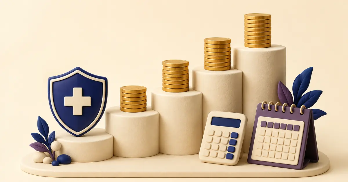 Rising premium tiers, healthcare shield, coins, calculator and calendar illustrating how Medicare IRMAA works