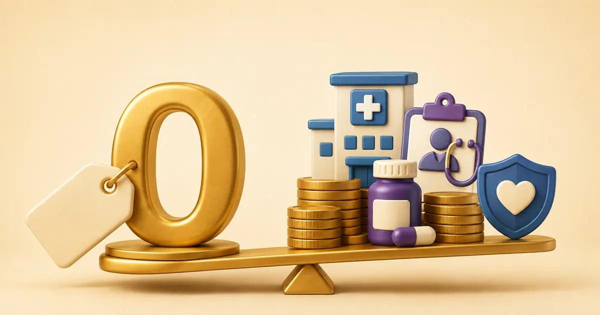 Gold zero, blank price tag, healthcare symbols and coin stacks representing costs beyond a Medicare Advantage premium