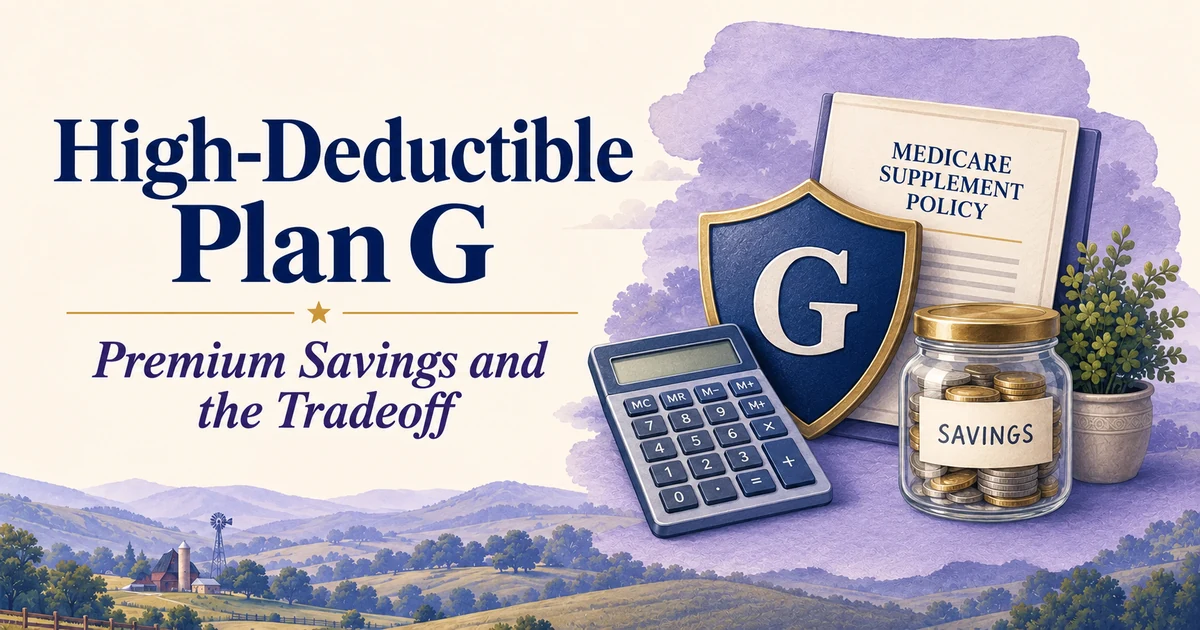 High-Deductible Plan G: How It Works and When the Lower Premium Is Worth It — illustrated Medicare guide in navy, cream, lavender and gold.