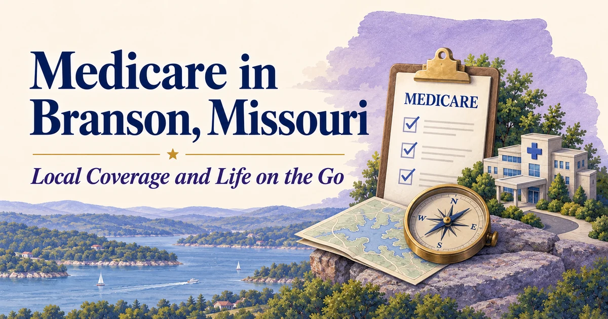 Medicare in Branson, Missouri: Local Care and Coverage Choices — illustrated Medicare guide in navy, cream, lavender and gold.