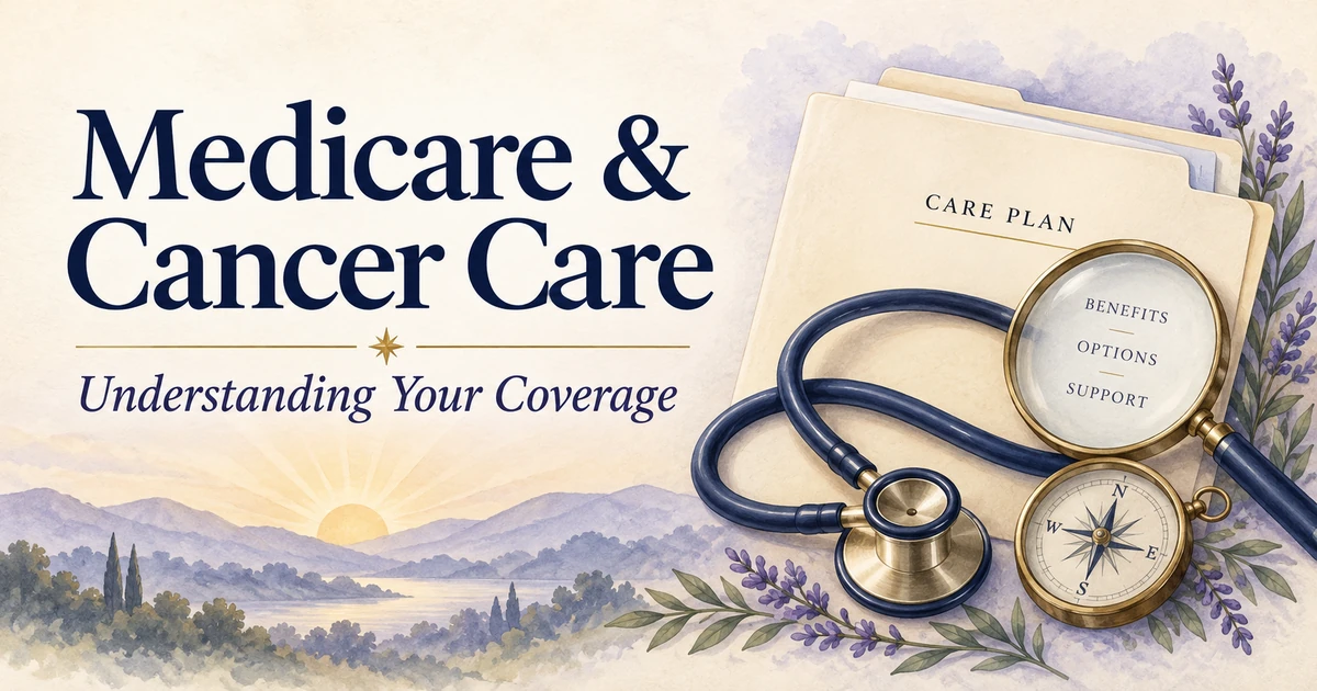 How Medicare Covers Cancer Treatment illustrated in navy, cream and lavender.