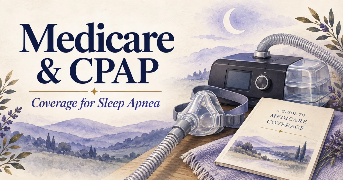 Medicare Coverage for CPAP and Sleep Apnea illustrated in navy, cream and lavender.