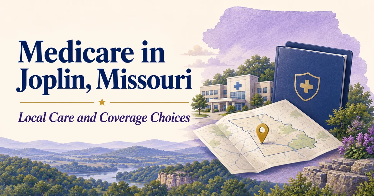 Medicare in Joplin, Missouri: Local Care and Coverage Choices — illustrated Medicare guide in navy, cream, lavender and gold.